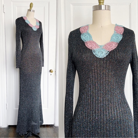 vintage • 1970s Wenjilli lurex maxi dress gown ribbed knit metallic sparkle 70s - Picture 5 of 11